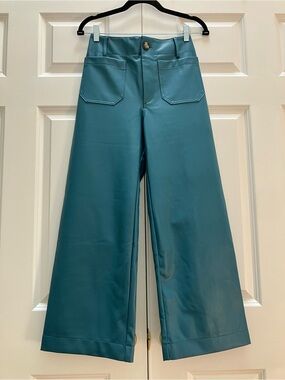 Anthropologie Maeve The Colette Faux Leather Crop Wide Leg Pants Turquoise 26